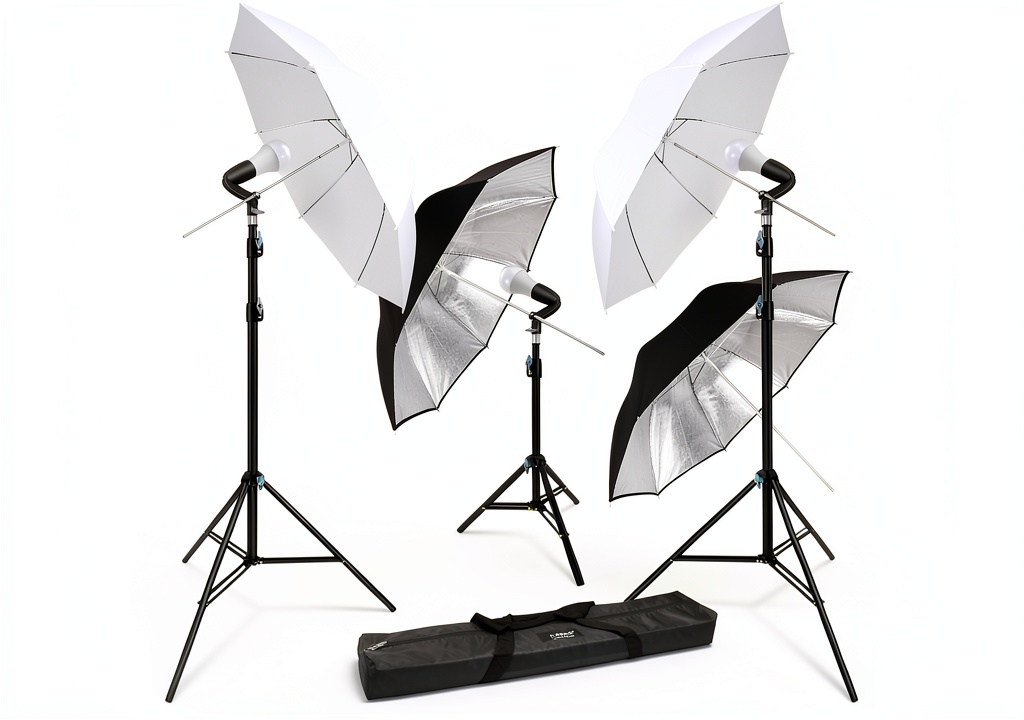 Installing LINCO INC 800 Lumen LED photographic lighting umbrella on a wooden table beside a DSLR